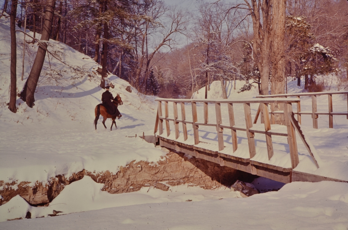 Policeman on horse in snow near small bridge in Rosedale Ravine